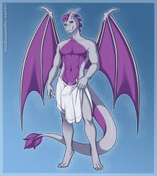 abs anthro athletic bare_shoulders barely_visible_genitalia blue_eyes claws clothed clothing collarbone dragon erection erection_under_clothing genitals grey_body hi_res kitsunewaffles-chan male mostly_nude muscular muscular_male nipples penis purple_body purple_penis purple_scales scales scalie skimpy smile smirk smirking_at_viewer solo tail towel towel_around_waist towel_only vindur_(lcut) western_dragon wings