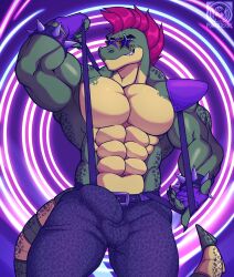 2023 abs abstract_background absurd_res alligator alligatorid anthro balls_outline barazoku belt biceps big_bulge big_muscles boner bottomwear bracelet bulge claws clothed clothing crocodilian detailed_bulge erection erection_under_clothing eyebrows eyewear facial_markings fingerless_gloves five_nights_at_freddy's five_nights_at_freddy's:_security_breach genital_outline gloves hair handwear head_markings hi_res huge_muscles jewelry male male_only markings mohawk montgomery_gator_(fnaf) muscular muscular_anthro muscular_male navel obliques pants pattern_background pecs penis_outline reptile scalie scottgames seductive simple_background smile solo spiked_bracelet spikes spiral_background standing steel_wool_studios sunglasses suspenders topless topless_anthro topless_male vier_punksterne watermark