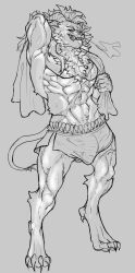 absurd_res anthro big_penis bodily_fluids charr chest_tuft claws clothed clothing erection erection_under_clothing felid genitals guild_wars hi_res humanoid looking_at_viewer male mammal monochrome muscular muscular_male penis rex_(staircat) scar sharp_claws sharp_teeth smolderdaddy solo sweat teeth tuft