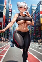 ai_generated big_breasts cityscape curvaceous curvy_body curvy_female curvy_figure erect_nipples female female_focus female_only highres jogging jogging_pants marathon nipple_bulge sports_bra stable_diffusion voluptuous voluptuous_female white_hair