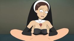 1boy 1girls biting_lip boobjob female ferdafs large_breasts male nun rick_and_morty rick_and_morty:_a_way_back_home smiling touching_penis tricia_lange unseen_male_face