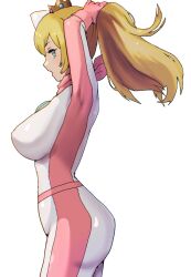 1girls adjusting_hair arms_behind_head ass big_breasts blonde_hair blue_eyes bodysuit breasts busty cropped female female_only from_side highres large_breasts looking_at_viewer mario_(series) mario_kart nintendo open_mouth oyasu_(kinakoyamamori) princess princess_peach solo third-party_edit voluptuous