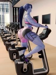 1girls 3d abs amelie_lacroix ass big_ass big_breasts blizzard_entertainment exercise_bike female female_only fit fit_female gym looking_at_viewer muscular muscular_female overwatch overwatch_2 purple_skin short_shorts shorts solo sports_bra tattoo thick_thighs vonsvaigen wide_hips widowmaker yellow_eyes