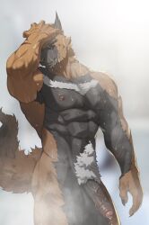 abs absurd_res anthro balls bathing big_penis body_hair canid canine chest_hair claws foreskin genitals gorigori_3 half-erect hi_res male mammal muscular muscular_male nipples nude pecs penis pubes raised_tail scar showering solo steam tail vein veiny_penis