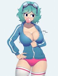 1girls big_breasts blue_hair blue_jacket boing boob_window bouncing_breasts breasts bubble_gum clothed clothed_female clothing collar female female_only grabbing hair jacket large_breasts no_background onomatopoeia open_jacket panties pink_panties ramona_flowers scott_pilgrim short_hair solo text thick_thighs thighhighs thighs tidal_(artist) underwear