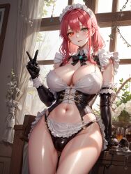 1girls ai_generated big_breasts busty child_bearing_hips cleavage corset curvaceous curvy_body curvy_female curvy_figure highres large_breasts lingerie maid maid_headdress maid_uniform medium_hair myrr navel redhead seductive_look short_hair smile stable_diffusion underwear v voluptuous voluptuous_female