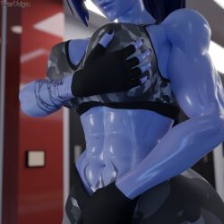 1girls 3d abs amelie_lacroix ass big_ass big_breasts blizzard_entertainment female female_only fit fit_female gym looking_at_viewer muscular muscular_female overwatch overwatch_2 purple_skin solo sports_bra tattoo thick_thighs tights vonsvaigen wide_hips widowmaker yellow_eyes