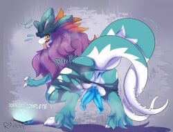 2_tails ancient_pokemon anus blush claws clothing feral fur generation_9_pokemon genitals hair hi_res male mane multi_tail nintendo paradox_pokemon penis pokemon pokemon_(species) purple_mane ravieel red_eyes solo tail tongue torn_clothing walking_wake