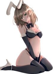 1girls all_fours blonde_hair bowtie bra bunny_ears green_eyes hands_between_legs harris_hero high_heels idolmaster idolmaster_cinderella_girls kneeling kneesocks light_brown_hair lingerie long_socks looking_at_viewer panties partially_clothed socks underwear white_background