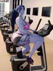 1girls 3d abs amelie_lacroix ass big_ass big_breasts blizzard_entertainment exercise_bike female female_only fit fit_female gym looking_at_viewer muscular muscular_female overwatch overwatch_2 purple_skin short_shorts shorts solo sports_bra tattoo thick_thighs vonsvaigen wide_hips widowmaker yellow_eyes