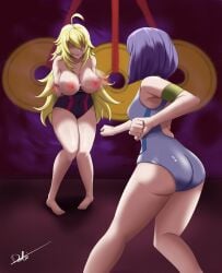 ahoge ai_shimada big_butt blonde_hair breasts breasts_out butt catfight deliciousbra fight hypnosis hypnotic_breasts keijo!!!!!!!! large_breasts long_hair mind_control mio_kusakai one-piece_swimsuit purple_hair short_hair swimsuit