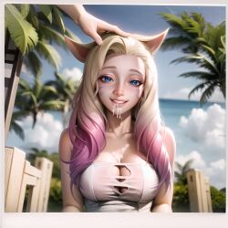 1girls ahri ai_generated blonde_hair blue_eyes cleavage_cutout cum_in_mouth fox_ears hand_on_head k/da_all_out_ahri k/da_all_out_series kitsune league_of_legends long_hair looking_at_viewer multicolored_hair pink_hair polaroid riot_games smile stable_diffusion teeth two_tone_hair whisker_markings