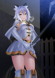 1girls animal_ears armpits blush boob_window cape cat_ears embarrassed horny long_gloves magical_girl masturbation meten original public public_masturbation pussy_juice ribbon short_hair short_skirt silver_hair spear steam stockings twitching yellow_eyes