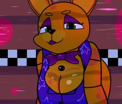 absurd_res animatronic big_breasts bow_tie breasts cleavage clothed clothing crawling desesperadoleon female five_nights_at_freddy's hi_res lagomorph leporid long_ears machine mammal rabbit robot rule_63 scottgames simple_background solo spring_bonnie spring_bonnie_(fnaf) tongue tongue_out yellow_body