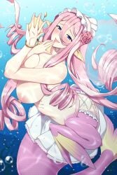 1girls areola areolae big_breasts blue_eyes breasts female flower flower_in_hair gills hair lindaroze long_hair mermaid meroune_lorelei monster_girl monster_musume_no_iru_nichijou nipples pink_hair pink_scales skirt solo topless underwater webbed_hands