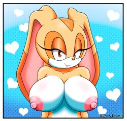 big_breasts brown_eyes busty chaosknight_1 cream_the_rabbit large_breasts looking_at_viewer mammal multicolored_body oppai pink_nipples rabbit seductive_smile sega smiling smiling_at_viewer sonic_(series) sonic_the_hedgehog_(series)