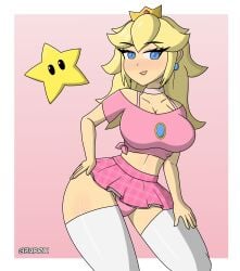 azurexarts bedroom_eyes choker crop_top eyeliner female female_only mario_(series) miniskirt nintendo princess_peach star super_mario_bros. thick_thighs thighhighs