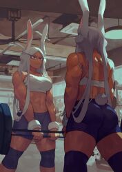 1girls animal_ears ass back bangs barbell bare_shoulders black_shorts breasts clothing_cutout dark-skinned_female dark_skin exercise female female_only from_behind fully_clothed gym gym_shorts highres indoors knee_brace large_breasts leonardo_vincent lifting_weights long_eyelashes long_hair looking_at_self median_furrow midriff mirror miruko my_hero_academia navel parted_bangs rabbit_ears rabbit_girl rabbit_tail red_eyes reflection rumi_usagiyama shorts shounen_jump solo sports_bra stomach strong sweat tail tail_through_clothes thighs toned v-shaped_eyebrows weightlifting weights white_hair white_sports_bra workout wrist_weights