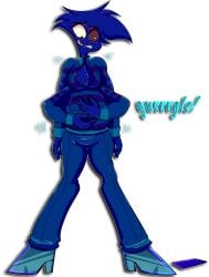 4_arms angel_dust_(hazbin_hotel) arachnid arachnid_humanoid blue_body blue_phone blue_shoes blue_skin blue_tracksuit blueberry blueberry_inflation blush demon hazbin_hotel multi_arm multi_limb renardgia spider track_suit worried worried_expression worried_look