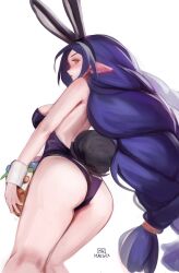 1girls absurd_res ass blue_hair braided_hair bunny_ears bunny_ears_(cosmetic) bunny_tail bunnysuit female female_only holding_object katsuna_(maewix1) light-skinned_female light_skin long_hair looking_at_viewer looking_back looking_back_at_viewer maewix1 orange_eyes pointy_ears rear_view solo white_background wrist_cuffs