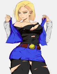 2d android_18 belt_buckle blonde_hair blue_eyes curvaceous curvy dragon_ball dragon_ball_z earrings jean_jacket jean_skirt large_breasts looking_at_viewer mature_female pantyhose ripped_clothing short_hair solo tagme thick_thighs yoracrab