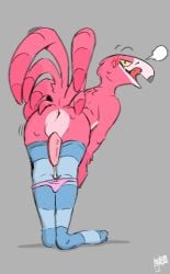 anthro ass avian bird clothing flamingo footwear hi_res legwear male presenting presenting_hindquarters socks sodacaps solo thigh_highs tongue tongue_out