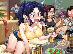 2boys 2d 2d_(artwork) 2girls 3girls accidental_circumstance asian_female asuka_langley_sohryu beer beer_can black_lagoon bra characterful cigarette cleavage clothed clothed_female clothing couch crossed_legs crossover daisy_dukes detailed_background dialogue discarded_clothing earrings eating eating_food english_text female food holding_beer holding_food holding_object holding_ramen indoors large_breasts light-skinned_female light-skinned_male light_skin male misato_katsuragi multiple_boys multiple_girls neon_genesis_evangelion plant ponytail potted_plant ramen remote_control_vibrator revy ryoji_kaji shinji_ikari shorts similar_looking snegovski suprised suprised_look tagme tank_top tattoo text thick_thighs vibrator_in_pussy vibrator_under_clothes wall yellow_couch