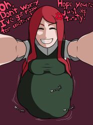 belly big_belly big_breasts breasts clothing dialogue female female_pred imminent_vore large_belly large_breasts malkarmaze mature_female milf mother naruto red_hair same_size_vore text uzumaki_kushina vore