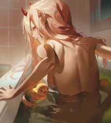 1girls bath bathing blonde_hair chainsaw_man fajyobore female_only looking_at_viewer looking_back mappa nude power_(chainsaw_man) rubber_duck sideboob wet