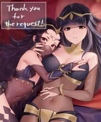 2girls bangs bare_shoulders black_hair blunt_bangs bodystocking breasts circlet cleavage covered_navel facial_mark female female_only fire_emblem fire_emblem_awakening fire_emblem_fates hair_ornament hand_on_another's_chest haru_(nakajou-28) large_breasts long_hair looking_at_viewer multiple_girls nintendo nyx_(fire_emblem) purple_nails red_eyes see-through small_breasts tharja_(fire_emblem) veil