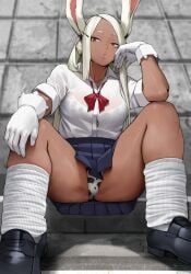 1girls absurdres animal_ears bangs bra breasts dark-skinned_female dark_skin female highres large_breasts long_eyelashes long_hair looking_at_viewer loose_socks miruko my_hero_academia open_mouth panties parted_bangs rabbit_ears rabbit_girl red_eyes revision rumi_usagiyama school_uniform schoolgirl see-through see-through_clothing shoes shounen_jump sitting skirt solo underwear white_hair yoshi55level yoshio_(55level)