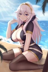 1girls absurdres alternate_color alternate_costume alternate_hair_color aversa_(fire_emblem)_(cosplay) bangs bare_midriff bare_thighs beach belt between_legs black_dress blue_eyes breasts center_opening cleavage collarbone commission cosplay dress feather_trim female female female_only fire_emblem fire_emblem_awakening hair_between_eyes hand_between_legs highres kneeling large_breasts long_hair looking_at_viewer lucina_(fire_emblem) midriff nintendo ocean open_mouth outdoors plunging_neckline sand sleeptopi smile solo sunlight symbol-shaped_pupils thighhighs thighs tiara white_belt white_hair