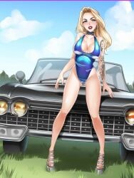 blonde_hair blue_eyes booty_calls car choker earrings heels latex lucy_(booty_calls) swimsuit tattoos