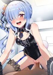 1boy animal_ears bangs bare_shoulders black_leotard black_necktie blue_hair blush breasts censored covered_navel cowgirl_position fake_animal_ears fake_tail female fuyumi_kazuki hair_ornament hair_over_one_eye happy_sex highres hikimayu hololive hololive_fantasy hololive_japan leotard long_hair looking_at_viewer mosaic_censoring multicolored_hair necktie open_mouth orange_eyes penis rabbit-shaped_pupils rabbit_ears rabbit_girl rabbit_tail sex short_eyebrows side_ponytail small_breasts smile solo_focus straddling straight sweat symbol-shaped_pupils tail teeth thick_eyebrows tongue two-tone_hair upper_teeth_only usada_pekora vaginal_penetration virtual_youtuber white_hair wrist_cuffs