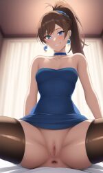 ai_generated anus blue_dress blue_eyes breasts brown_hair dress earrings hourglass_figure inframammary_clothing_crease inviting medium_breasts nicole_(xdk141) novelai pov pussy spread_legs thick_thighs thighhighs tight_clothing tight_pussy upskirt xdk141