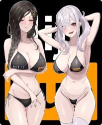 2girls bare_midriff bare_shoulders belly_button big_breasts bikini black_bikini black_hair braid braided_hair braided_ponytail cleavage duo duo_female duo_focus exposed_shoulders hairclip hi_res highres jahmonger legwear light-skinned_female light_skin looking_at_viewer midriff navel nijihub nijisanji orange_eyes pale_skin pornhub_bra purple_eyes shirayuki_tomoe stockings sukoya_kana swimsuit swimwear text text_on_clothing thighhighs twintails virtual_youtuber white_hair