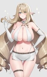 1girls 2022 bare_shoulders belt blonde_hair blue-eyed_elven_girl_(hayabusa) blue_eyes blush breasts cleavage clothing curly_hair drill_hair earrings elbow_gloves elf eyebrows_visible_through_hair eyes_visible_through_hair female female_only gloves grey_background hand_on_hip hayabusa highleg highleg_panties highres jewelry large_breasts light-skinned_female light_skin long_ears long_hair looking_at_viewer microskirt midriff miniskirt mole mole_on_breast mole_under_eye navel o-ring original panties playing_with_hair playing_with_own_hair pointy_ears revealing_clothes reverse_cowgirl_position ring signature simple_background skindentation skirt solo sparkle standing thigh_gap thigh_strap thighs thong tiara underwear very_long_hair white_gloves white_panties white_skirt