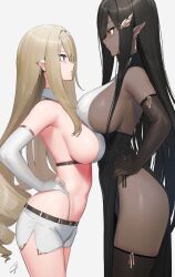 2022 2girls armpits asymmetrical_docking backless_dress backless_outfit bare_shoulders black_gloves black_hair blonde_hair blue-eyed_elven_girl_(hayabusa) blue_eyes blush breast_contest breast_press breast_size_difference breasts china_dress chinese_clothes chocolate_and_vanilla clothing curly_hair dark-skinned_female dark_elf dark_elven_girl_(hayabusa) dark_skin dress drill_hair earrings elbow_gloves elf eye_contact eyebrows_visible_through_hair female female_only gloves grey_background hair_ornament hands_on_hips hayabusa height_difference highleg highleg_panties highres jewelry large_breasts light-skinned_female light_skin long_ears long_hair looking_at_each_other microskirt midriff miniskirt mole mole_under_eye multiple_girls navel orange_eyes original panties pelvic_curtain pointy_ears revealing_clothes side_view sideboob signature simple_background skirt standing tiara underwear very_long_hair white_gloves white_panties white_skirt