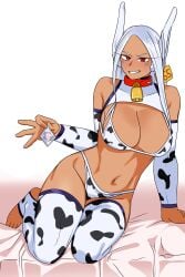 1girls absurdres animal_ears animal_print bangs bare_shoulders bell blush bra breasts cleavage collar condom cow_print cowbell dark-skinned_female dark_skin detached_sleeves ear_tag female full_body highres holding holding_condom large_breasts long_eyelashes long_hair looking_at_viewer miruko my_hero_academia navel panties parted_bangs print_bra print_panties print_sleeves rabbit_ears rabbit_girl red_collar red_eyes rumi_usagiyama ryuugu2000 shounen_jump sitting smile solo stirrup_legwear stomach teeth thighhighs thighs toeless_legwear underwear white_hair yokozuwari