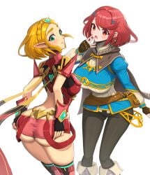 2girls ass bangs blonde_hair blush booty_shorts breasts bubble_butt clothed costume_switch embarrassed female female_only gonzarez green_eyes high_resolution huge_ass huge_breasts hylian light-skinned_female light_skin long_ears nintendo outfit_swap pointy_ears princess_zelda princess_zelda_(cosplay) pyra_(xenoblade) pyra_(xenoblade)_(cosplay) red_eyes red_hair short_hair short_shorts shorts swept_bangs tears_of_the_kingdom the_legend_of_zelda white_background xenoblade_(series) xenoblade_chronicles_2 zelda_(tears_of_the_kingdom)