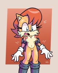 anthro big_breasts blue blue_eyes blue_jacket boots chipmunk dark female female_only fur furry furry_female furry_only genitals hard_nipples hynite jacket jacket_open nervous_expression nervous_face nipples_outside open_mouth pussy red_hair sally_acorn solo sonic_(series) sonic_the_hedgehog_(archie) sonic_the_hedgehog_(comics) sonic_the_hedgehog_(series) squirrel standing suprised_expression suprised_eyes surprised sweat sweat_legs sweat_on_breasts sweating