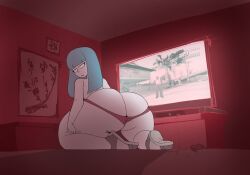 1girls 2021 ass ass_cleavage ass_focus big_ass blue_hair bottom_heavy butt_crack clothed female grand_theft_auto huge_ass looking_back mrwastemaster on_knees original_character panties purple_panties solo solo_female toothy_(mrwastemaster)