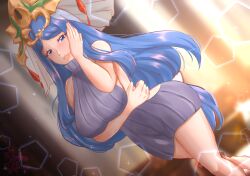 1girls backless_outfit bare_thighs blue_eyes blue_hair breasts female female_only fire_emblem fire_emblem_engage large_breasts long_hair looking_at_viewer lumera_(fire_emblem) mature mature_female nintendo revealing_clothes rinku_bny smile solo standing sweater thighs very_long_hair virgin_killer_sweater