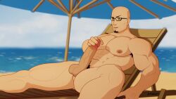 1boy animated armpit_hair atlus bald bald_man bara barazoku beach beach_chair beach_umbrella beard dilf erection exhibitionism glasses happy_trail juhanart large_penis male male_focus male_masturbation male_only masayoshi_shido masturbating masturbation mature_male mp4 muscular muscular_male naked naked_male no_sound nude nude_male ocean ocean_background penis persona_5 pubic_hair shidou_masayoshi solo solo_male tagme video