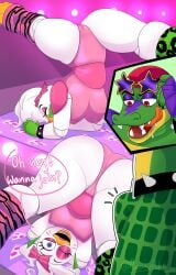 alligator alligatorid anthro avian bird camel_toe chicken clothed clothing comic crocodilian duo erection erection_under_clothing female five_nights_at_freddy's five_nights_at_freddy's:_security_breach galliform gallus_(genus) genitals glamrock_chica_(fnaf) hi_res male male/female montgomery_gator_(fnaf) nipple_outline paeonypetals phasianid pussy reptile scalie scottgames steel_wool_studios stretching