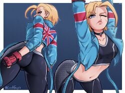 1girls ass ass_focus blonde_hair blue_eyes cammy_stretch cammy_white choker dat_ass female female_only fully_clothed gloves jacket looking_at_viewer looking_back lordguyis multiple_views short_hair small_breasts solo sports_bra street_fighter street_fighter_6 stretching tight_clothes tights toned_female union_jack yoga_pants