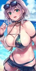 1girls 2022 absurdres aqua_eyes arm_strap bangs bare_shoulders beach bikini bikini_skirt blue_sky blush breasts choker cleavage cloud collarbone criss-cross_halter day eyewear_on_head female green_eyes grey_hair hair_between_eyes halterneck hand_up highleg highleg_bikini highres hololive hololive_fantasy hololive_japan imminent_sex large_breasts looking_at_viewer medium_hair microskirt mole mole_on_breast navel ocean open_mouth outdoors pleated_skirt scrunchie shimazu_tekkou shirogane_noel short_hair sidelocks skindentation skirt sky smile solo sunglasses swim_skirt swimsuit thigh_strap thighs unbothered virtual_youtuber voluptuous voluptuous_female wavy_hair wet wholesome wrist_scrunchie