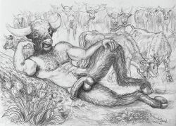 2021 anthro balls biceps bodily_fluids body_hair bovid bovine chest_hair erection european_mythology feral flower genital_fluids genitals greek_mythology group hooves horns humanoid humanoid_genitalia humanoid_penis male mammal marc_debauch minotaur mythology navel nipples penis plant precum pubes