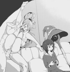 1boy 2girls aqua_(konosuba) blush controller couch dress dualshock flying_sweatdrops folded full_nelson game_controller kono_subarashii_sekai_ni_shukufuku_wo! megumin monochrome sex thighhighs tyrone tyronestash