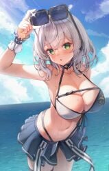 2023 29hyeon :o absurdres armpits bangs bikini blush breasts chest_strap cleavage eyewear_on_head female front-tie_bikini_top front-tie_top green_eyes grey_hair highres holding holding_eyewear hololive hololive_fantasy hololive_japan large_breasts looking_at_viewer medium_hair mole mole_on_breast navel outdoors shirogane_noel skirt sky solo swimsuit thigh_strap virtual_youtuber wavy_hair wet